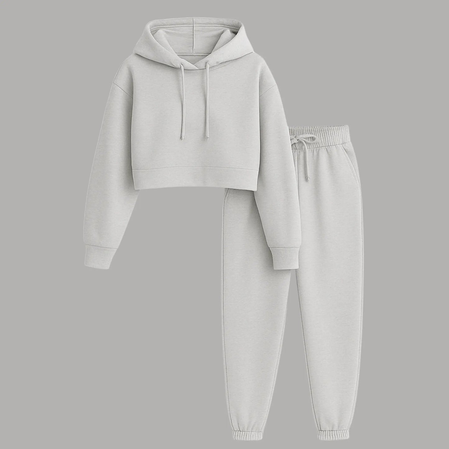 Zestaw Damski – Szary Crop Hoodie + Spodnie Dresowe