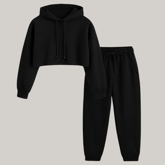 Zestaw Damski – Czarny Crop Hoodie + Spodnie Dresowe