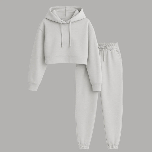 Zestaw Damski – Szary Crop Hoodie + Spodnie Dresowe